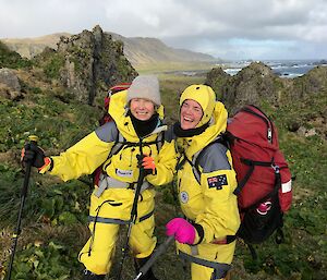Annette Fear and Danielle McCarthy just before they go into what is known on Macquarie Island as the Labryinth last week during field training