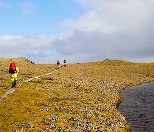 Danielle McCarthy, Peter Lecompte, Annette Fear and Richard Youd hiking the Inland Lake Track heading towards Bauer Bay hut on Macquarie Island