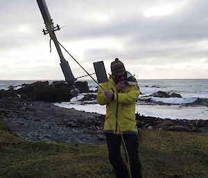 Angus calibrating the anemometer in the newly established tilting mast