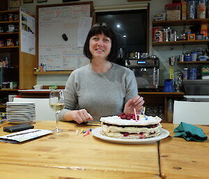 Cathryn O'Sullivan with her birthday dessert, a raspberry and lemon cream filled dacquoise