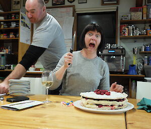 Cathryn pulls a face before serving up her birthday dessert
