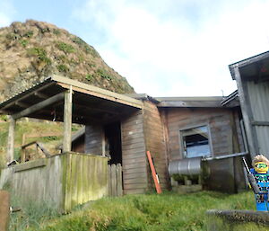 A lego expeditioner complete with VHF radio outside the Green Gorge hut on Macquaire Island