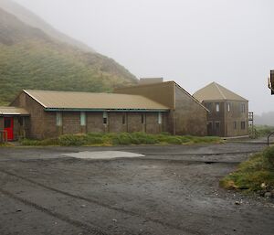 A view of Hass House and Cumpstons Cottage, two of the accommodation buildings at Macquarie Island research station