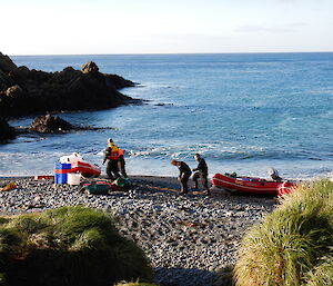 Unloading the IRBs on the beach at Green Gorge, Macquarie Island