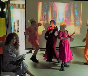 Play narrator Cathryn with ugly Met sisters Angus and Vicki, evil carnivorous Chef Annette and Prince Richard in the mess at Macca