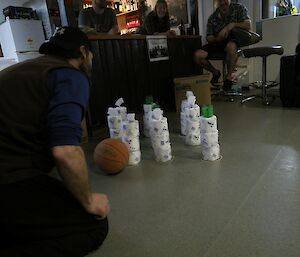 toilet rolls set up as skittles — one of the games in the Green Sponge Games held at Macca over Midwinter