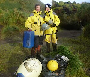 Danielle and Annette with the marine debris they fou along the shore of Sellick Bay on Macquarie Island