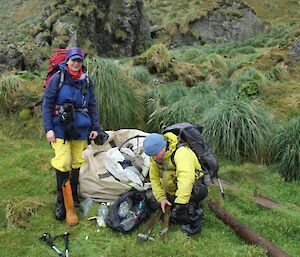 BoM Vicki and Ranger Chris with the large cache of marine debris that has been collected from Macquarie Island beaches