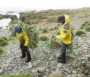 Ranger Chris and Dieso Chris share the carriage of a bundle of rope found on the beach during their marine debris seach