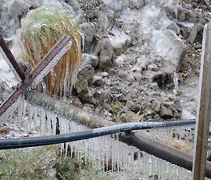 Icicles forming on the water pipe from Gadgets Dam to Station