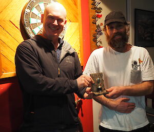 Rich and Greg with their trophy after winning the Macca Darts Doubles competition