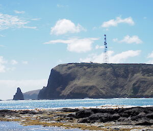 View from the beach of the Cape Grim air-sampling facilities and tower, Woolnorth Point, Tasmania — this Baseline Air Pollution Station has been operational for over 40 years and contains an important archive of air samples