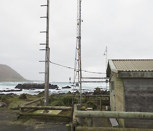 The towers in front of the clean air lab at Macquarie Island — they hold the scientific instruments and the air-sampling outlets for the various experiments that are run from the building