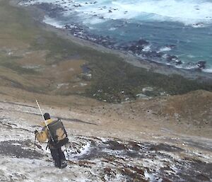 Man walking down steep slope