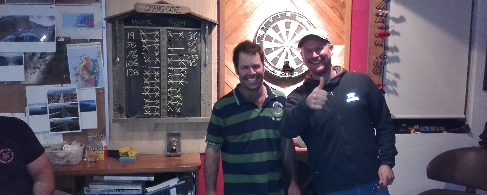 Chris B & Rich in front of a dartboard in Macca Mess