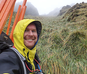 Selfie of Rich at Far North Precarious Bay with the dense and tall tussock in the background