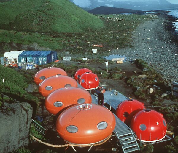 Four Googie huts and four apple huts at Spit Bay Winter Camp on Heard Island, 1993