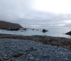 Looking south along the west coast of the isthmus on a rare calm day