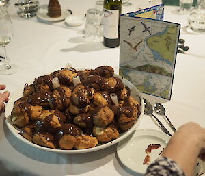 A closeup of the profiteroles