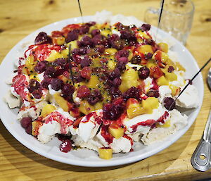 A pavlova covered in fruit for Angus’ birthday celebration