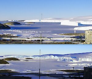 Iceberg calving before and after comparison photo in East Bay