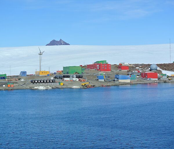 A picture of Mawson station taken from the water
