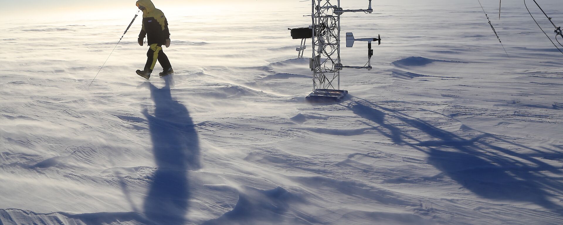 The automatic weather station in drifting snow on the plateau