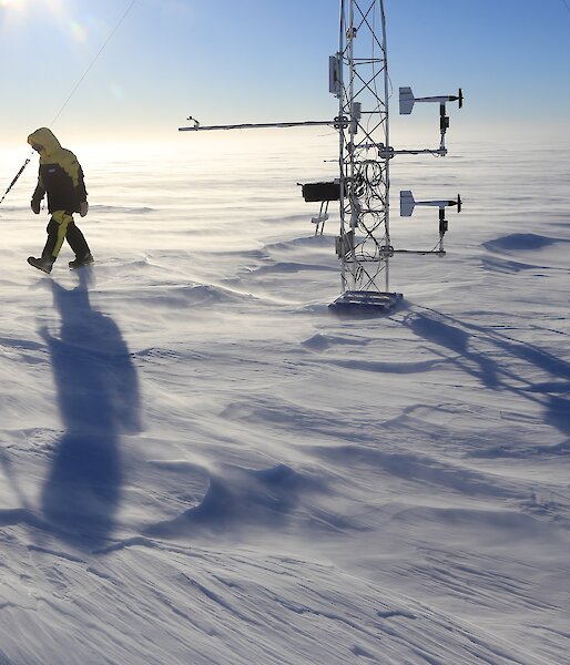 The automatic weather station in drifting snow on the plateau