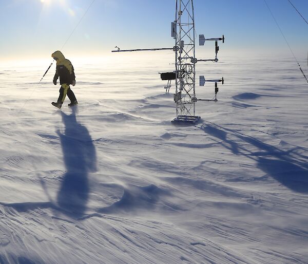 The automatic weather station in drifting snow on the plateau