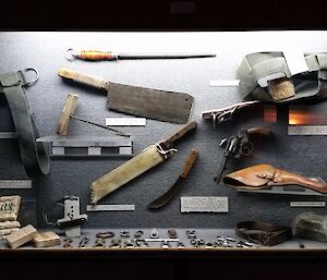 A display case with items used to care for dogs on station