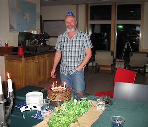 Peter standing in front of his black forest birthday cake