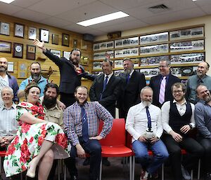 Group photo of the misfits who live at Mawson clowning around.