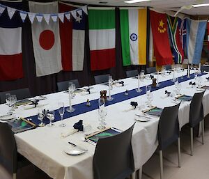 The table set for midwinter dinner with flags in the background.