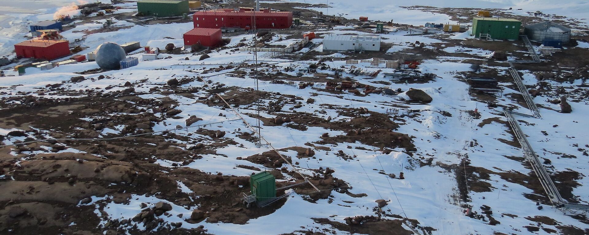 The view from the top of the turbine of Mawson station below me.