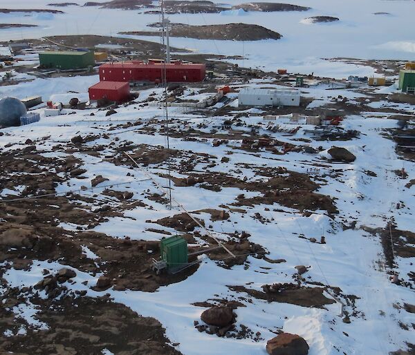 The view from the top of the turbine of Mawson station below me.