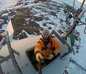 Looking down from the top of the turbine it looks more than forty five metres to the ground.