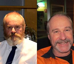 A before and after photo of an expeditioner who has shaved off his beard and trimmed his moustache.