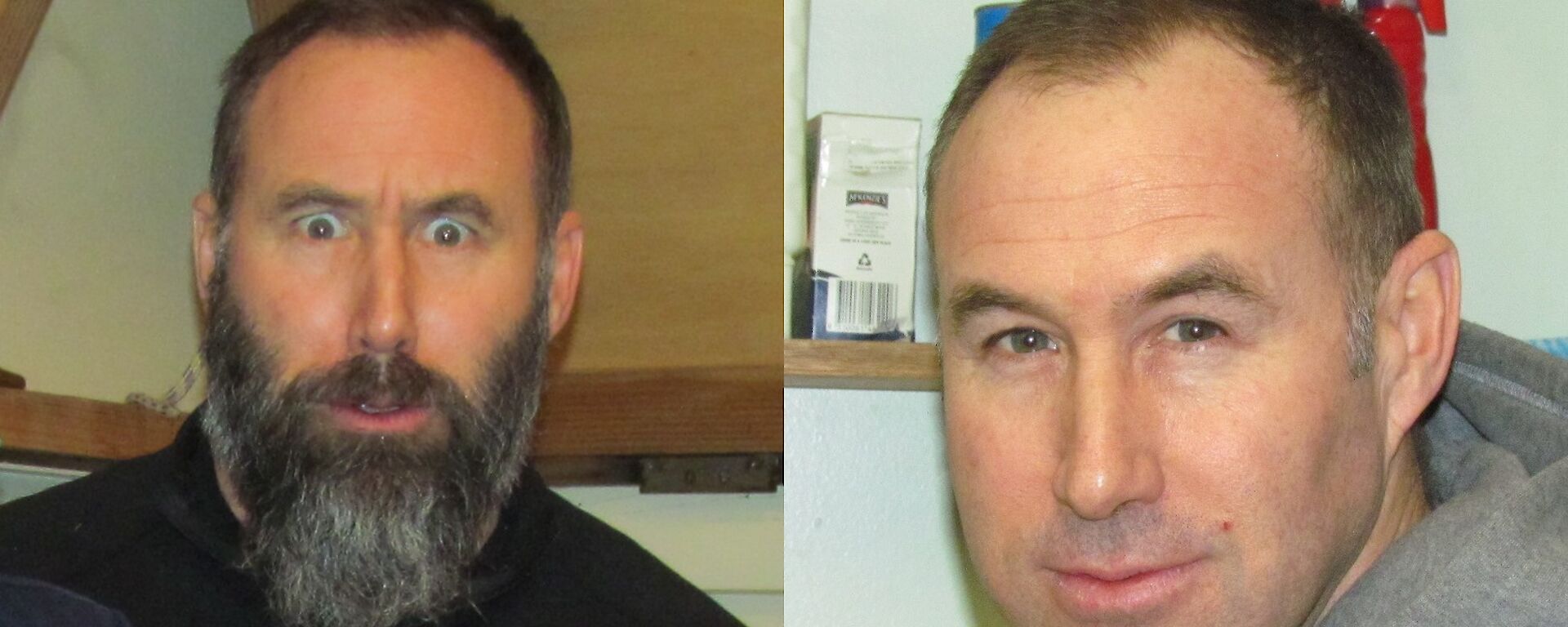 A before and after photo of an expeditioner who has shaved off his beard and moustache.