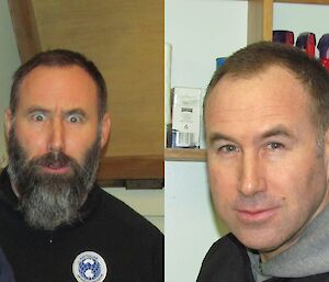 A before and after photo of an expeditioner who has shaved off his beard and moustache.