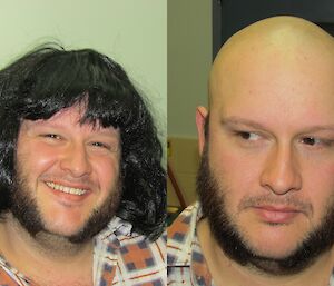 A before and after photo of an expeditioner who has ‘shaved off’ his hair (which was really a wig).