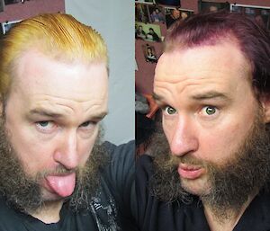 A before and after photo of an expeditioner who has gone from yellow-dyed hair to purple-dyed hair.