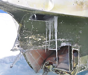 Icicles from the wrecked tail fin area of the aircraft, formed during the melt and refreeze of the snow that encases part of the wreckage