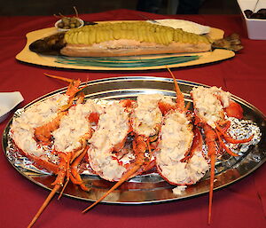 Crayfish and poached whole salmon with horseradish cream.