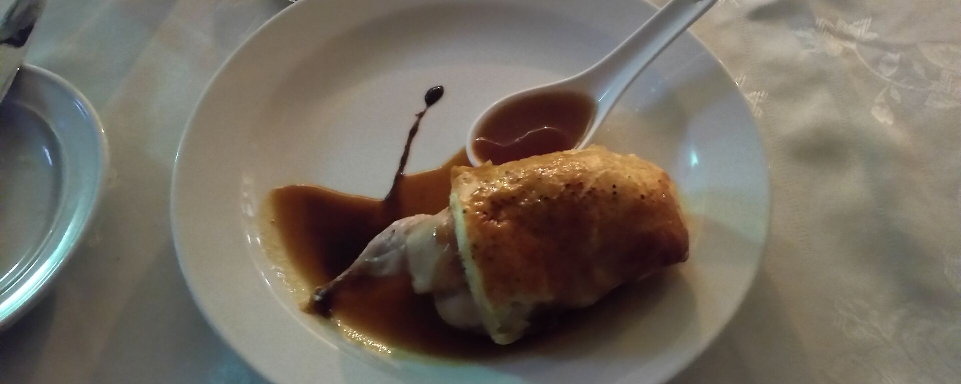 Quail sausage roll with Earl Grey tea jelly and fig vincotto.