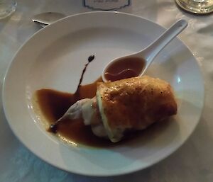 Quail sausage roll with Earl Grey tea jelly and fig vincotto.