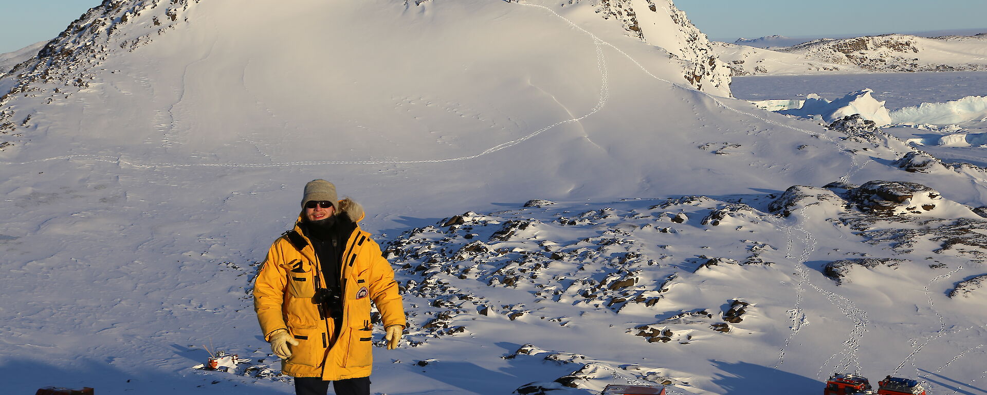 Angus above Colbeck hut and the two hagglunds at the end of the first day