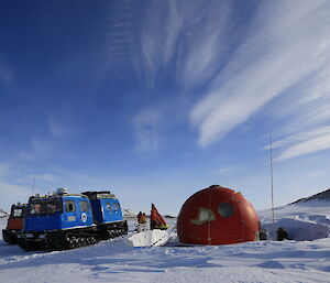 Ledingham Depot. The hut is a fibreglass orange "melon" shaped hut, manufactured in Tasmania in 1983 by Malcom Wallhead