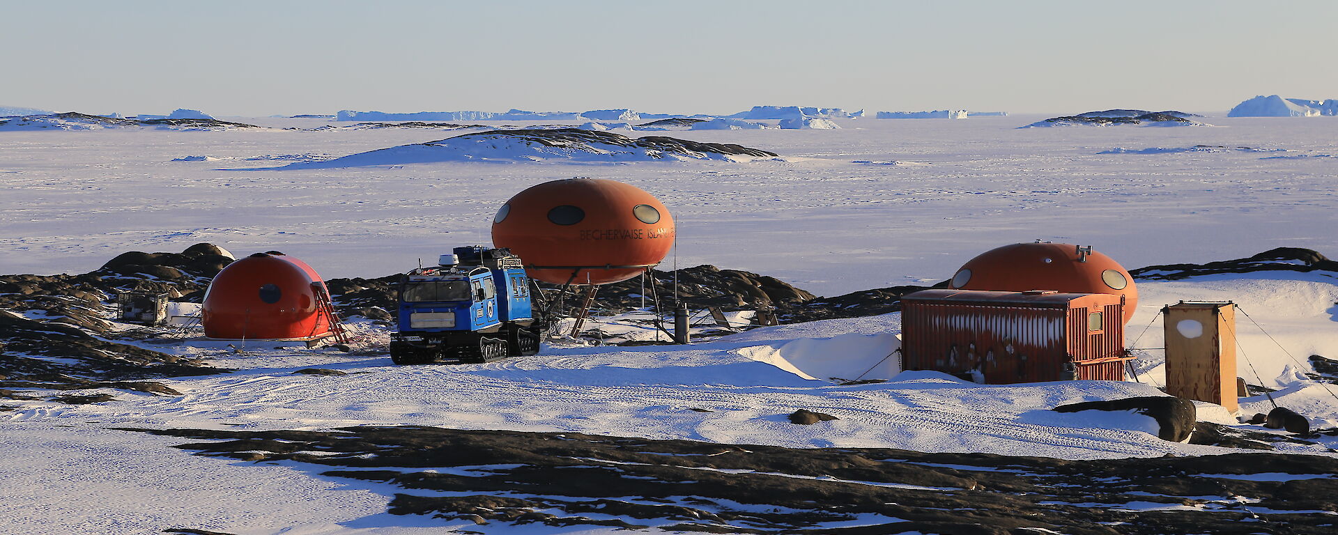 The four huts on Bechervaise Island and they inclue a Lab, 2 accommodation and living huts, a storage shed and a toilet.