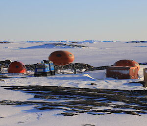 The four huts on Bechervaise Island and they inclue a Lab, 2 accommodation and living huts, a storage shed and a toilet.