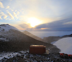 Henderson hut – on a windy afternoon with great views out to the sea ice but reported to be the coldest hut.